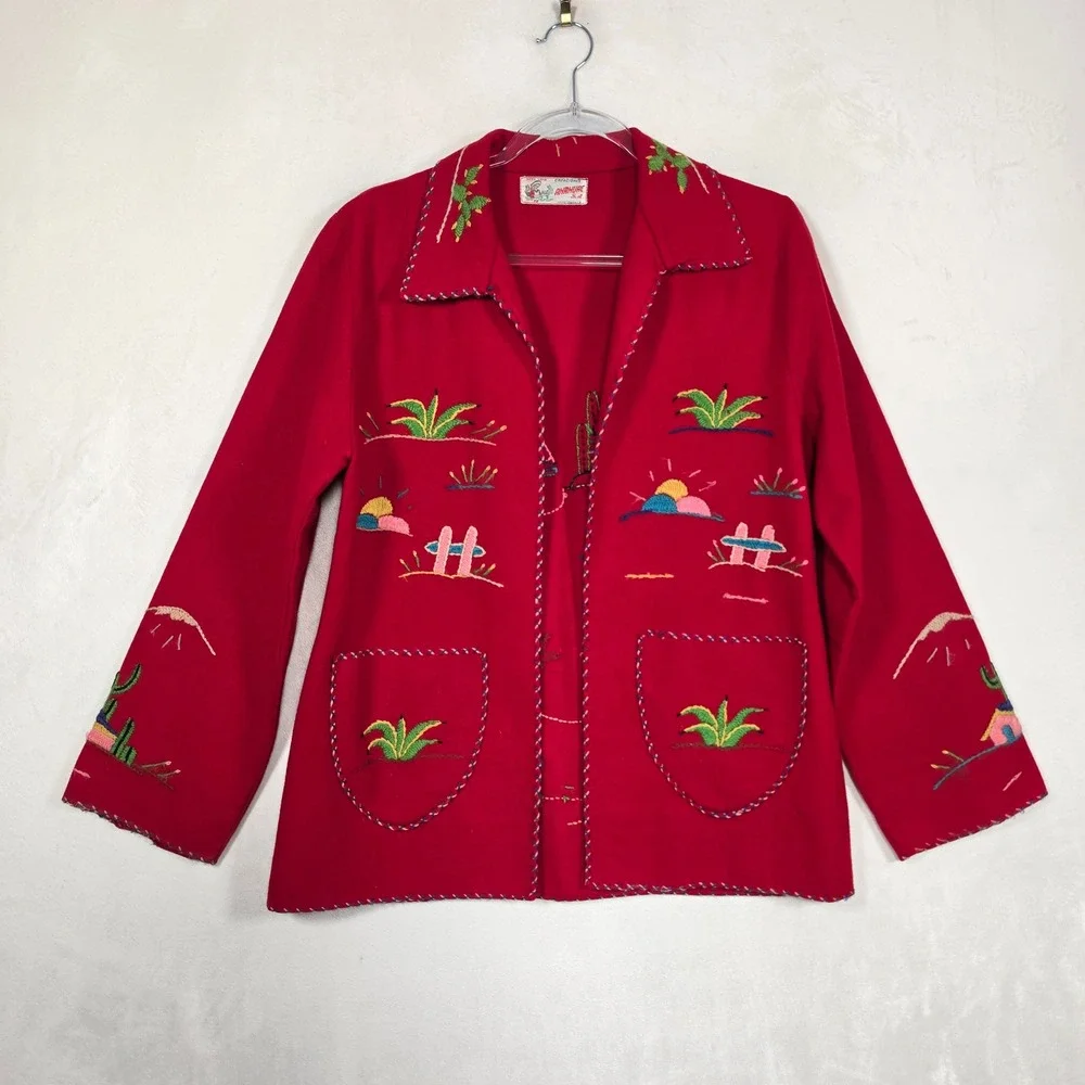 Vintage Creaciones Anahuac Wool Jacket Women's M Red Mexican Folk Art Retro